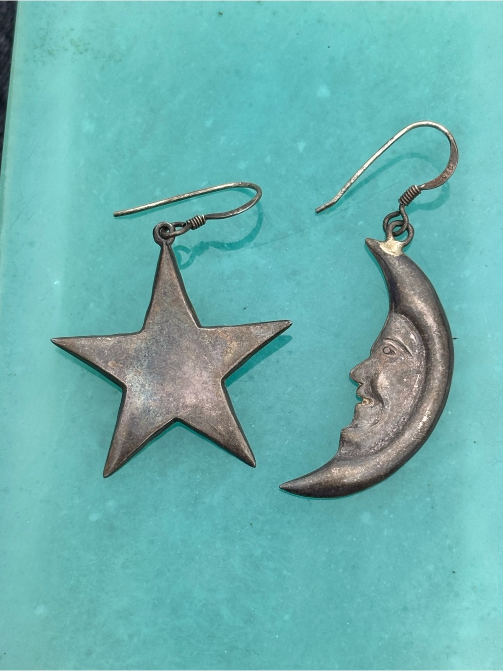 Vintage Sterling Silver Celestial Moon & Star Mismatched Dangle Earrings 925
